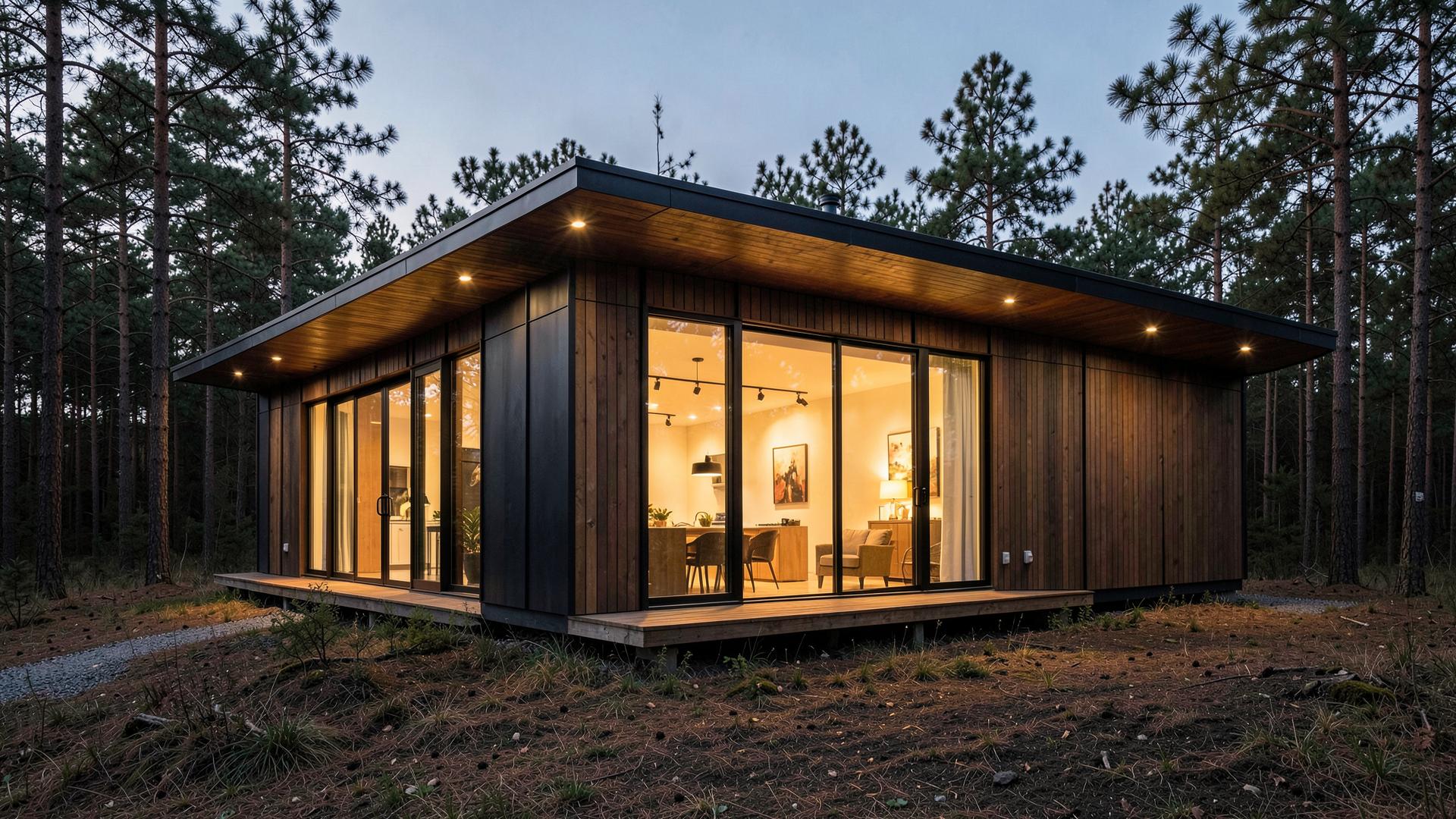 Modern modular home with glowing windows in a pine forest at dusk