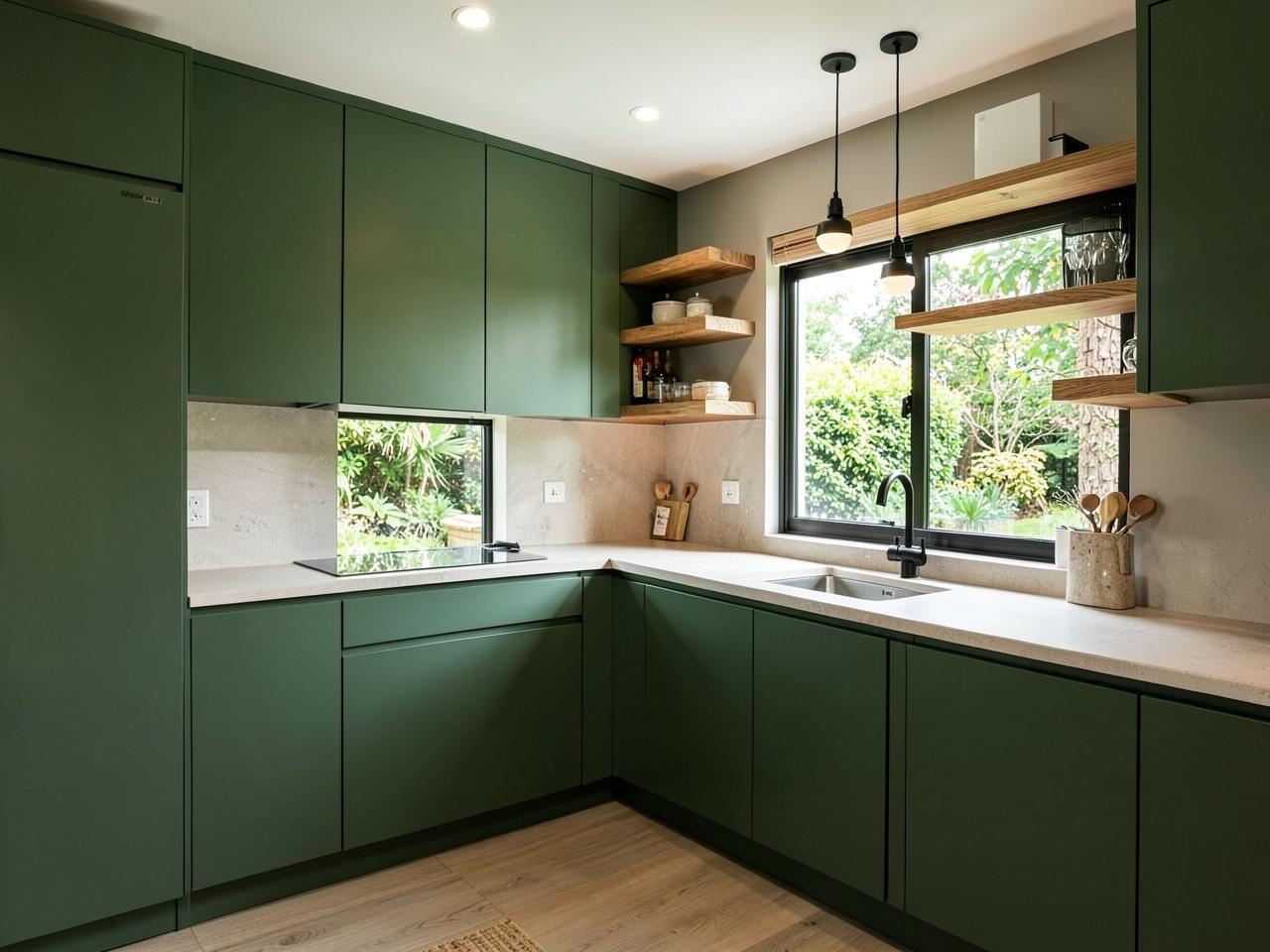 Modern kitchen with matte green cabinetry and stone counters